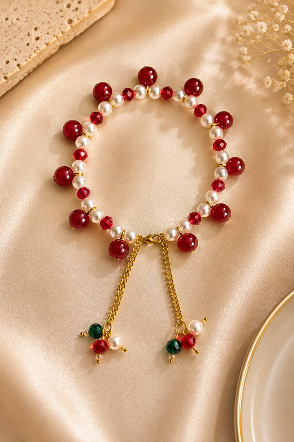 Ruby Red Pearl Charm Bracelet with Crystal Beads | Handmade Jewellery