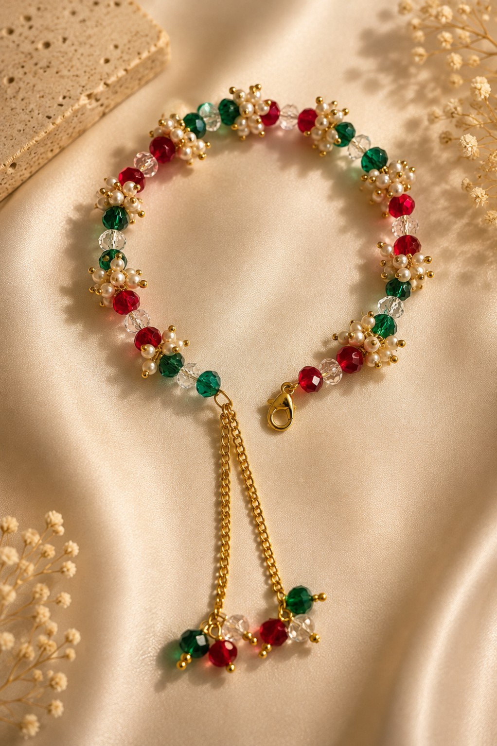 Festive Red & Green Crystal Pearl Bracelet with Gold-Tone Detailing | Handmade Jewellery