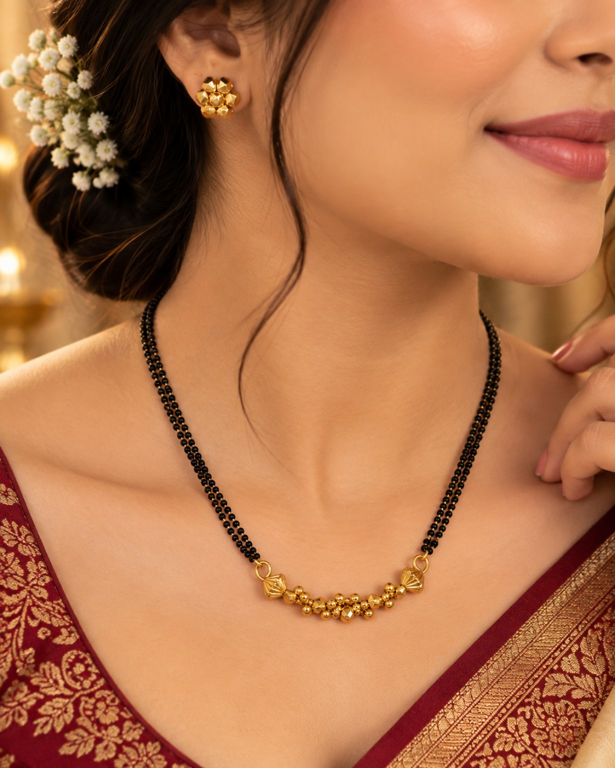 Elegant Traditional Black Beaded Mangalsutra with earrings | Handmade Maharashtrian Mangalsutra