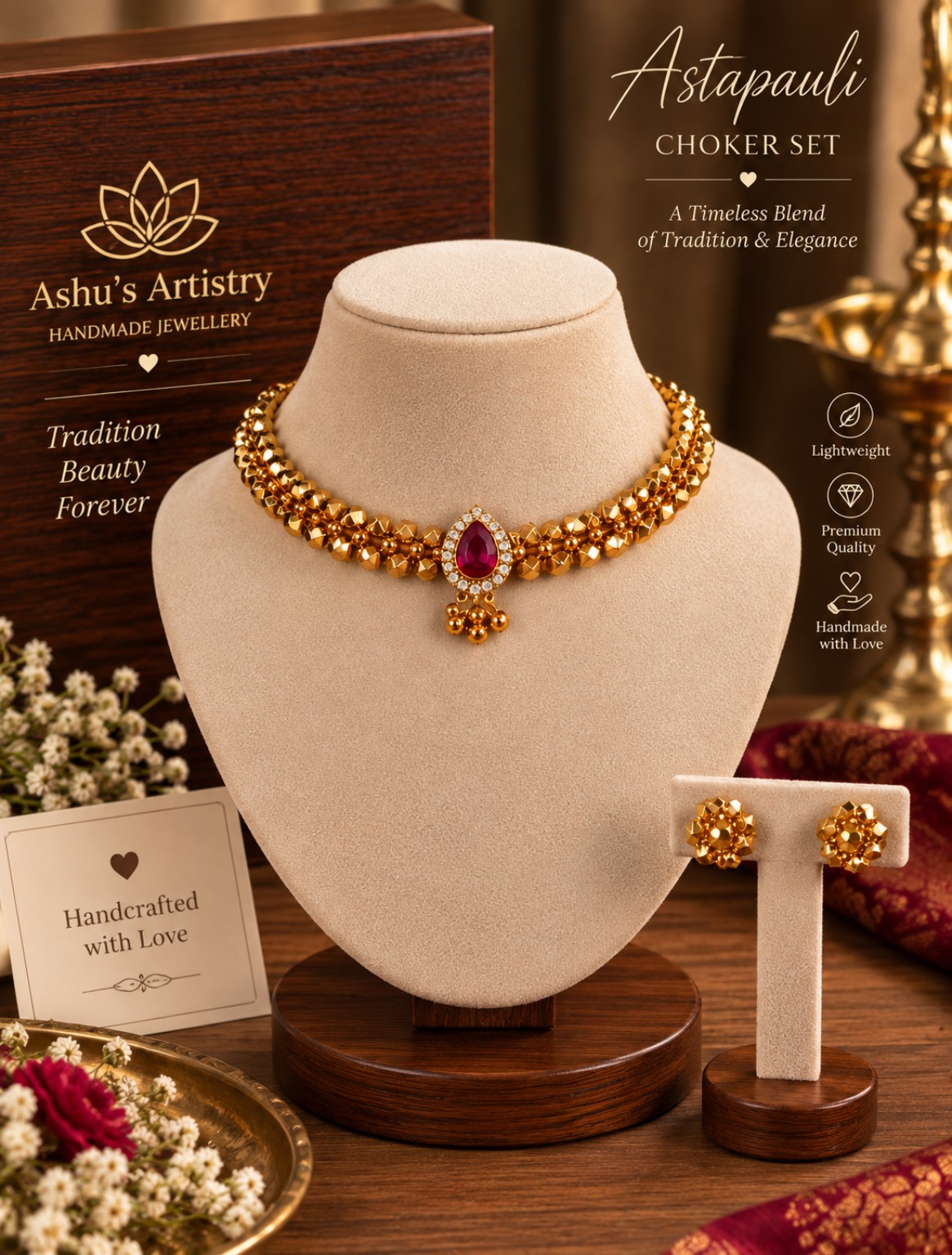 Ashtapauli Choker Set with Matching Earrings | Traditional Handmade Maharashtrian Jewellery