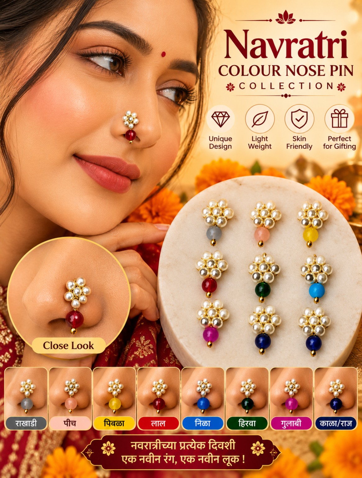 Navratri 9 Colour Pearl Nose Pin