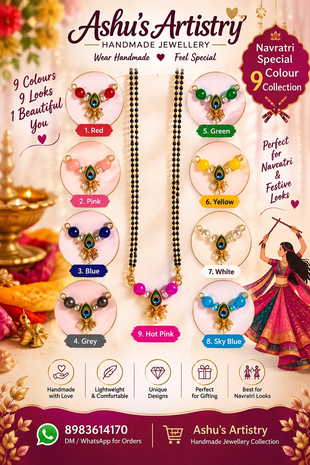 Navratri 9 Colour Peacock Pendant Mangalsutra | Handmade Colour Changeable Design